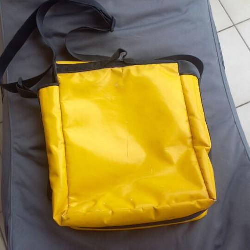 Shoulder bag used, large, yellow and purple, vintage style