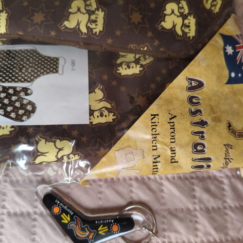 Apron and oven mitt with koala designs from Australia, new, with boomerang keychain gift