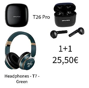 Ασύρματα ακουστικά T26 Pro + Headphones - Τ7 - Green