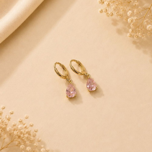 Gold dangling earrings with pink teardrop stone, new