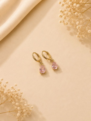 Gold dangling earrings with pink teardrop stone, new