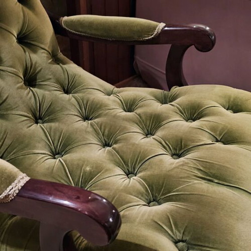 Varagkis recliner used, green velvet with chestnut wood