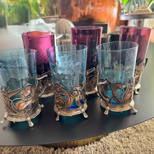 Set of 6 vintage antique Art Nouveau glasses used with silver-plated base
