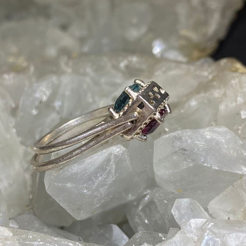 Handmade silver double-sided ring with natural indicolite, pink tourmaline & moissanite, new