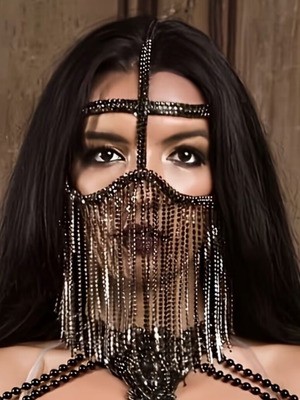 Face mask with crystal fringe and headpiece, new