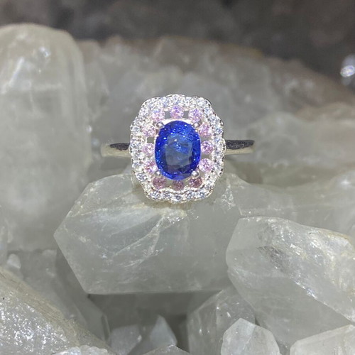 Handmade silver ring with natural blue sapphire, pink quartz & moissanites, size 7