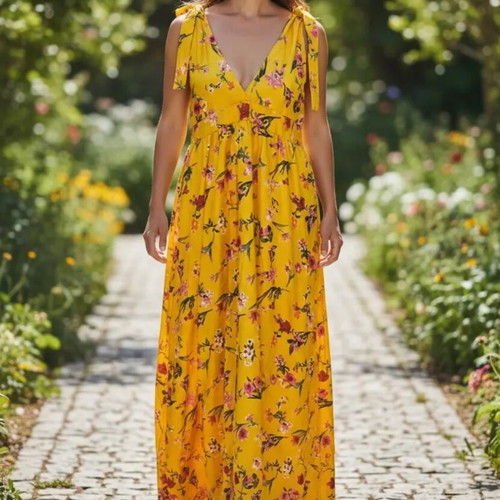 Dress 559 yellow, new, 100% viscose with floral pattern