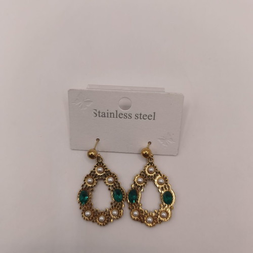 Stainless Steel Tear Drop Earrings with Emerald Crystals and Pearls