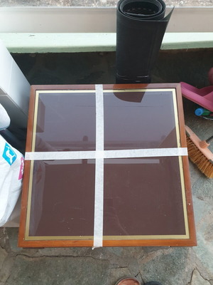 Coffee tables set of 3, solid walnut with colored glass, lightly used