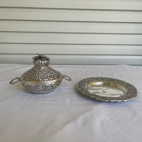 Ornate Silver Bowl Antique with Lid and Plate
