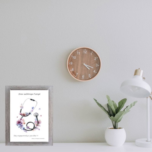 Personalized frame with stethoscope and pink-lilac flowers for doctor with gray wooden frame