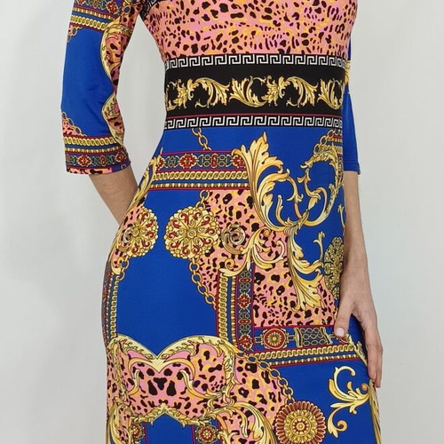 Morgan dress with baroque animal print in blue and pink, like new