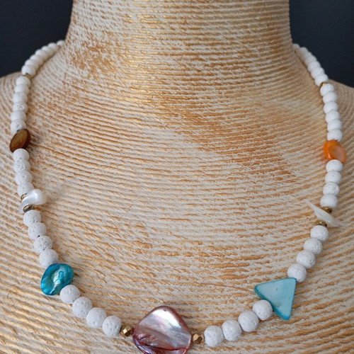 Handmade women's necklace with mother of pearl and lava stone new