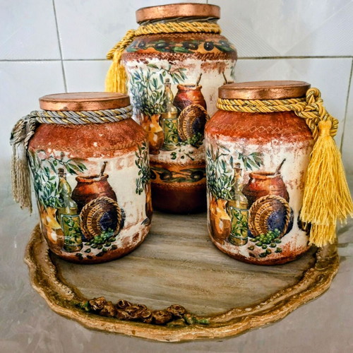 Set of 3 glass decorative kitchen jars with handmade decoupage.