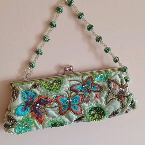 Evening bag with butterfly embroidery like new, multicolor mint