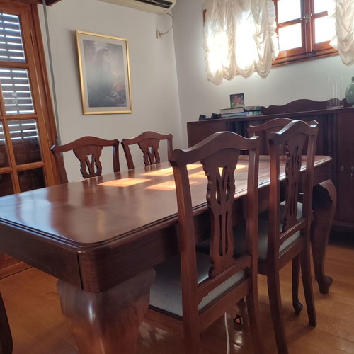 Walnut dining set with storage and 6 chairs