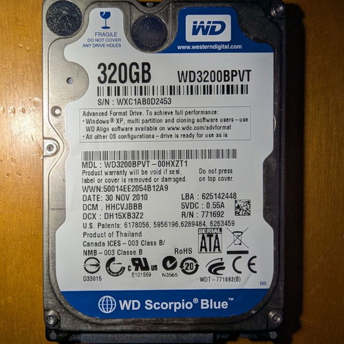WD Scorpio Blue 320GB 2.5" HDD used, SATA 5400rpm