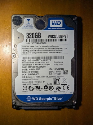Western Digital Scorpio Blue 320GB HDD 2.5" μεταχειρισμένο, SATA 5400rpm