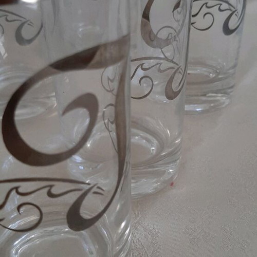 Water glasses used with monogram T, set of 7, silver