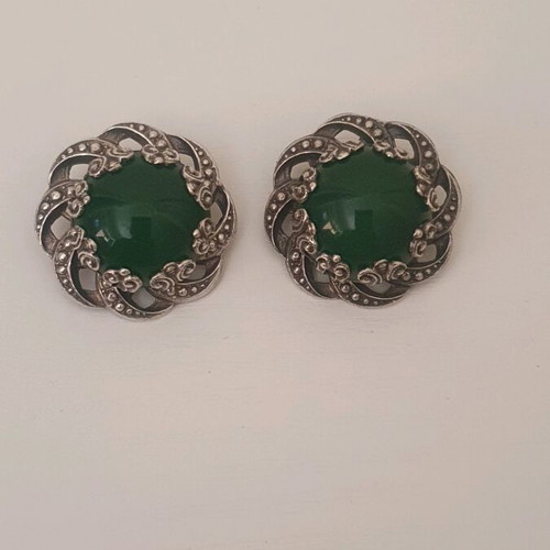 Vintage clip earrings silver used with green onyx