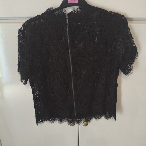 Zara black lace short-sleeve blouse like new with back zipper and cord