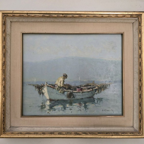 Authentic Nikos Krideras paintings used, oil on canvas 40x30 and 35x30 cm