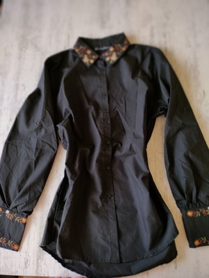 Black shirt with embroidery on collar and sleeves, new, cotton