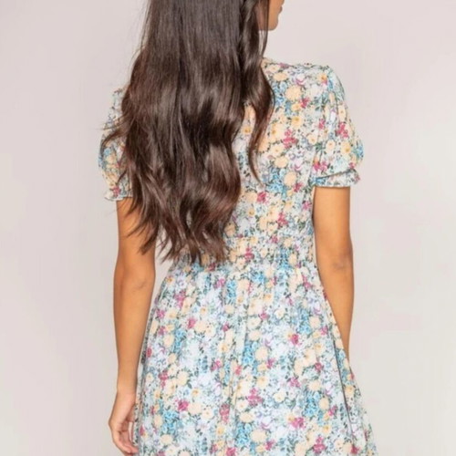 New beige and blue wrap dress with decorative buttons, one size