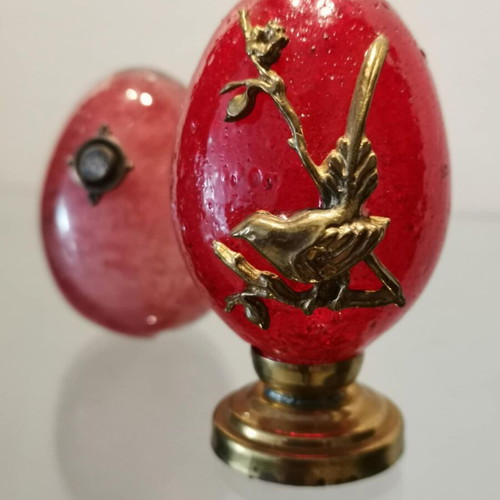 Glass egg set used, vintage decorative with metal details