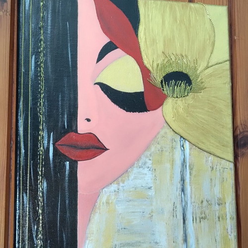 Handmade painting on canvas "Flower in Hair" 24x29 cm, acrylics