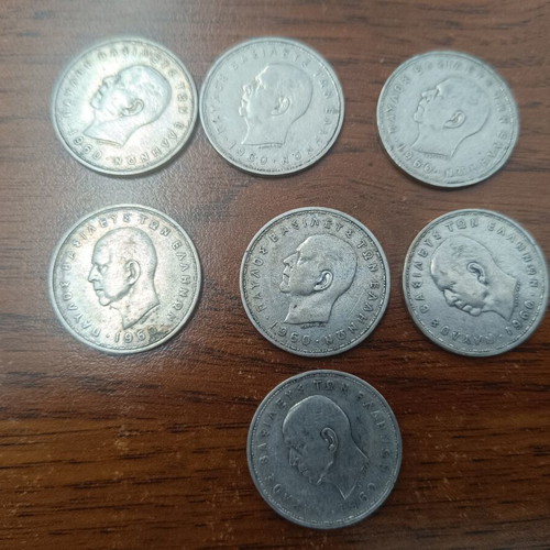 Silver 20 Drachma Paul 1960 coins used, set of 7
