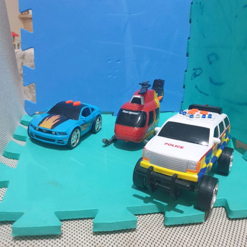 Toy vehicles used with sounds and lights, 2 cars and 1 helicopter