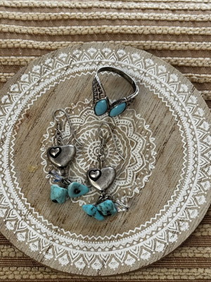Vintage Boho σετ κοσμημάτων με ασήμι 800 και τιρκουάζ, σκουλαρίκια και δαχτυλίδι