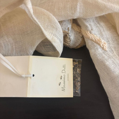Massimo Dutti Linen Scarf with Embroidery new, beige and gold
