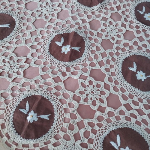 Vintage handmade crochet table linen with brown embroidered motifs, 70x70 cm