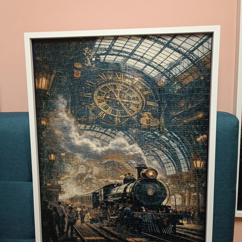 Puzzle 1000 pieces like new with white wooden frame, vintage steam train