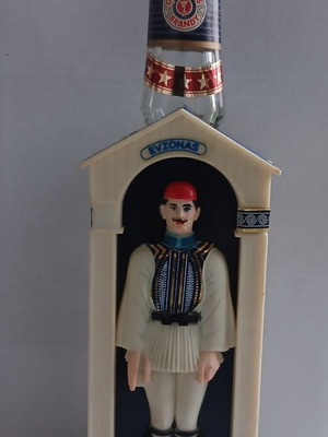 Evzonas decorative bottle with Brandy Ouzounis used, 60s-70s