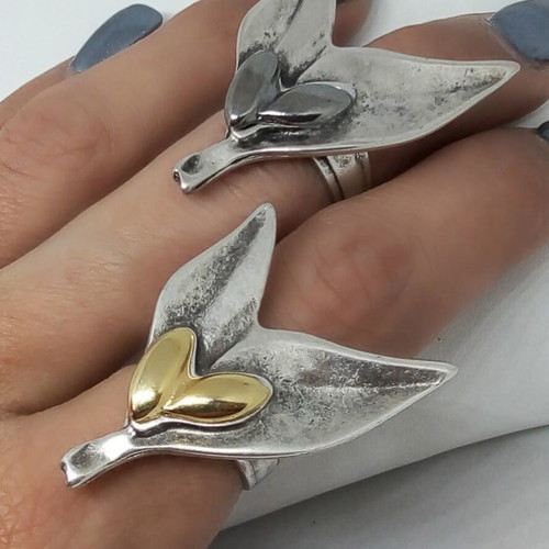 Statement ring Olive Leaves handmade, new, adjustable band
