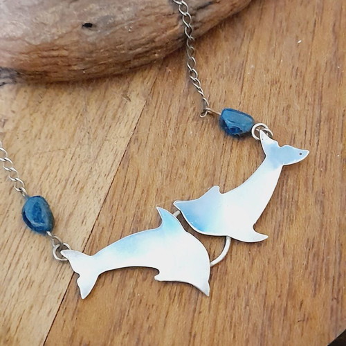 Dolphin pendant silver 925 with chain and semi-precious stones new