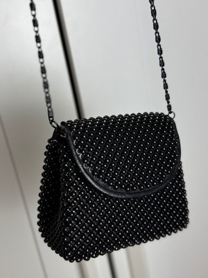 Shoulder bag with black beads vintage used, handmade