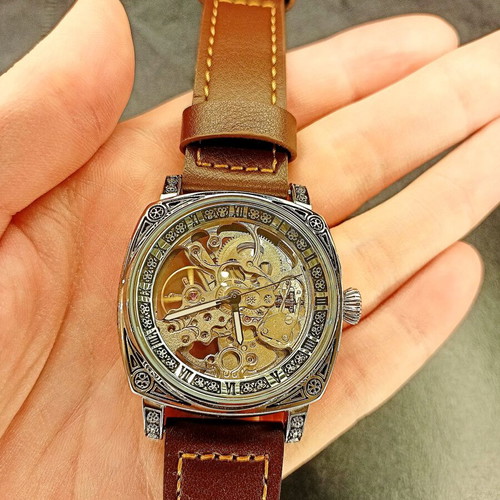 Mechanical automatic waterproof watch new, brown leather strap