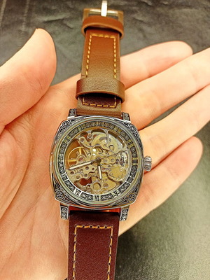 Mechanical automatic waterproof watch new, brown leather strap