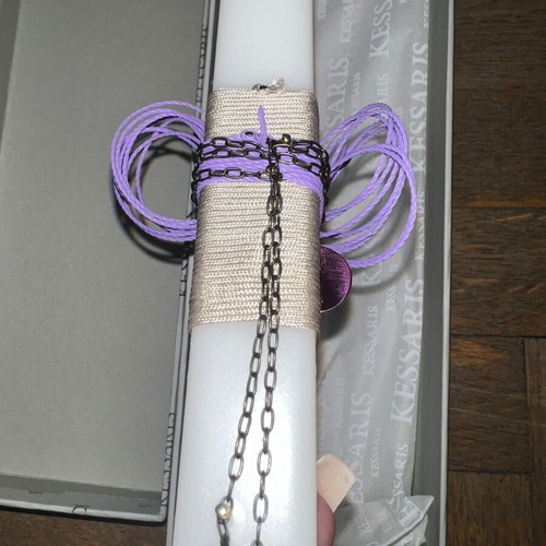 Kessaris Easter Resurrection Candle white with purple like new, steel necklace