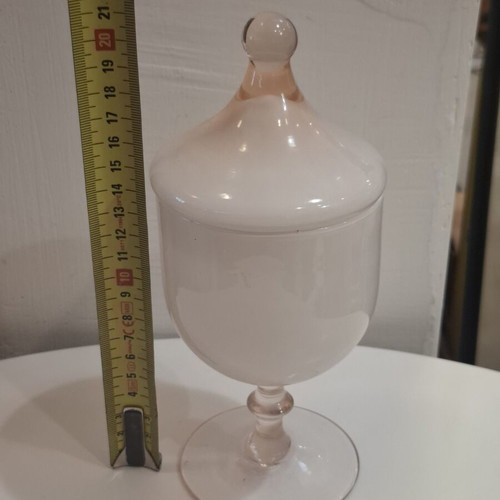 Vintage glass apothecary jar with lid and foot, pink opaline, like new