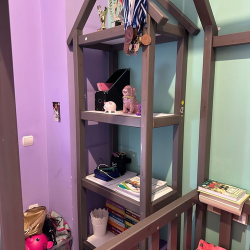 Montessori style children's bed and bookshelf set, gray wood