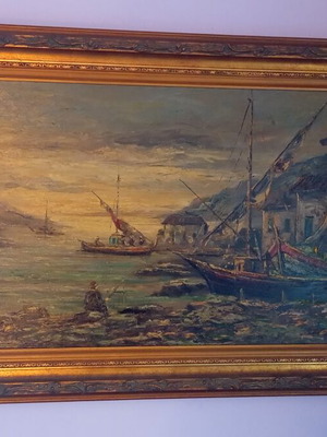 Ελαιογραφία Κ. Σταθάτος σαν καινούργια, θαλασσογραφία σε καμβά 1,42x0,82 μ. με κορνίζα