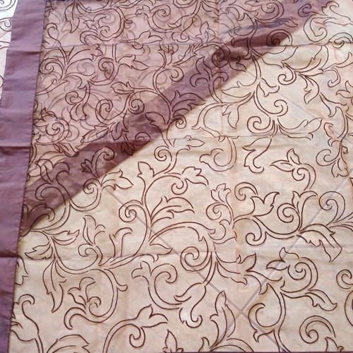 Tablecloth set of five pieces iridescent dark brown, silk organza with embossed flowers and border