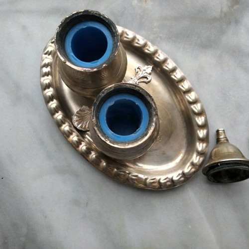 Vintage silver-plated salt and pepper shaker set with tray