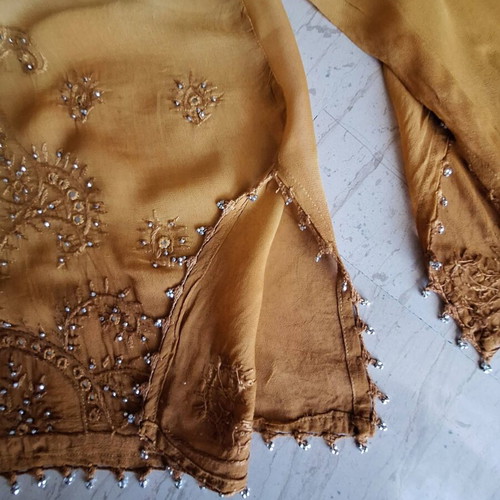 Blouse with Embroidery and Crystals New, Size M, Brown and Yellow
