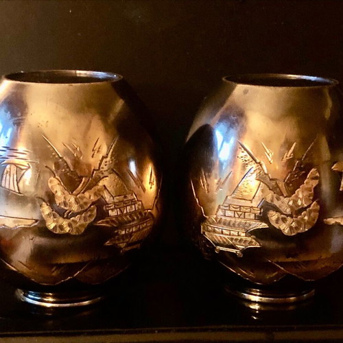 Set of 2 old Japanese metal Mt.Fuji vases used